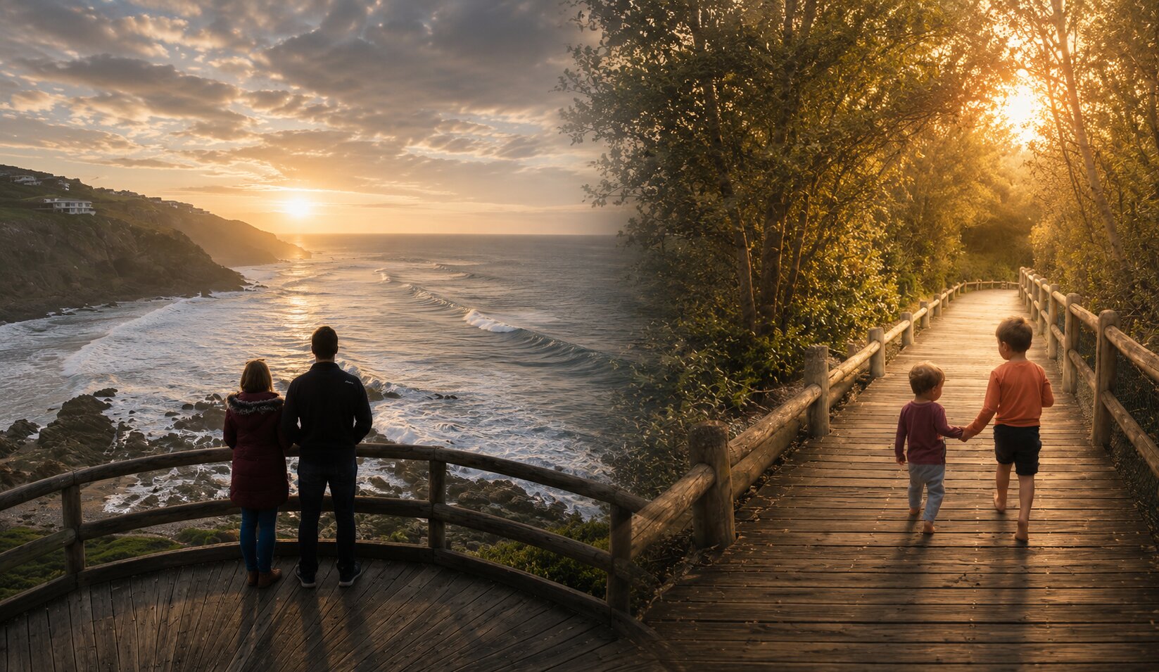 A couple looking out over the ocean and two boys walking a sunlit forest path